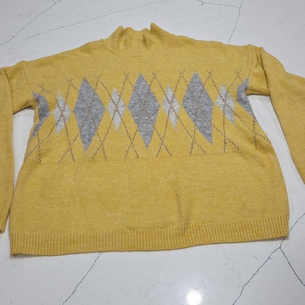 Verve Ami Yellow and Gray Argyle Turtleneck Sweater SzXL Gentle Used